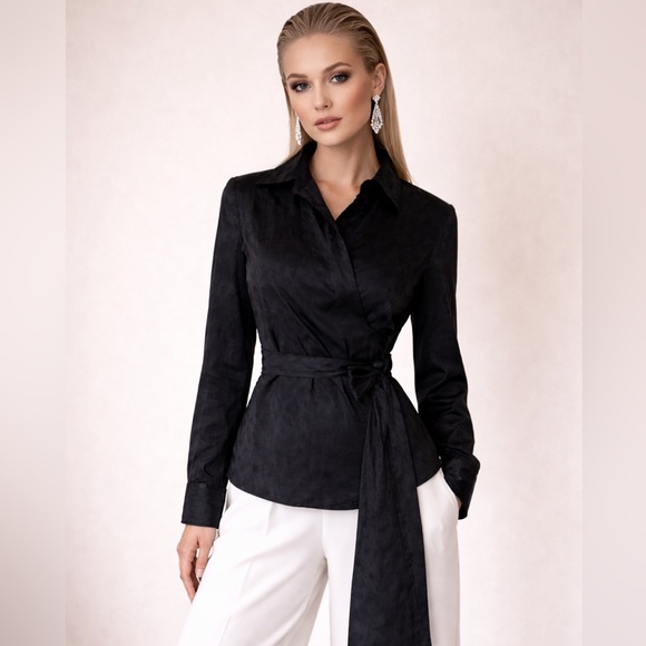 Ann Taylor Tops - ANN TAYLOR Black Damask Jacquard Wrap Belted Blouse Jacket Size 10 NWT